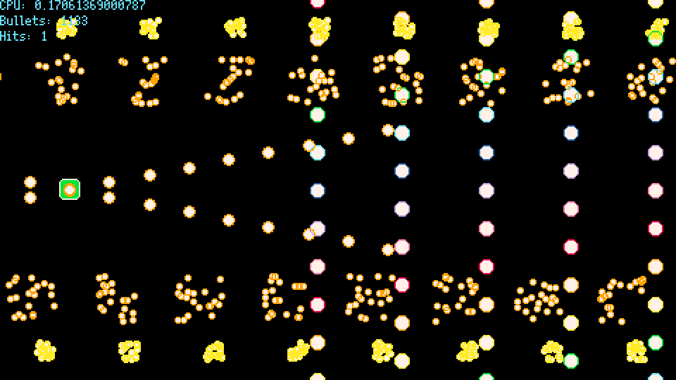 A bullet hell with rainbow bullets. The rims of smaller bullets are overlapping.